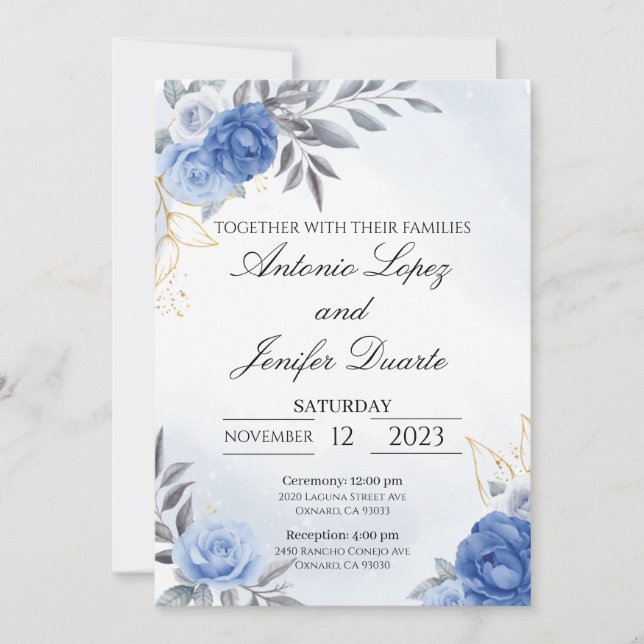 Navy blue peony rose wedding invitation, boda (Framsida)
