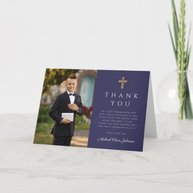 Navy Blue Photo Boy First Communion Folded Tack Kort (Framsida)