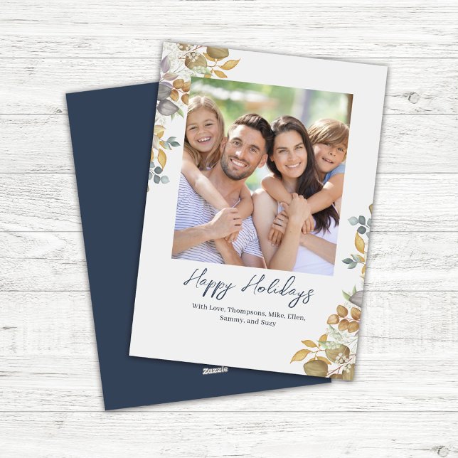 Navy Blue Photo Glad helg Greenery Julkort (Navy blue greenery and foliage custom photo Christmas Card)