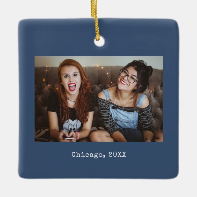 Navy Blue Photo Keepsake Christmas Julgransprydnad Keramik (Framsida)