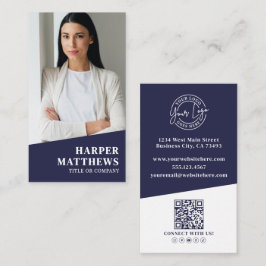 Navy Blue Photo QR Code Logo Vertical Visitkort