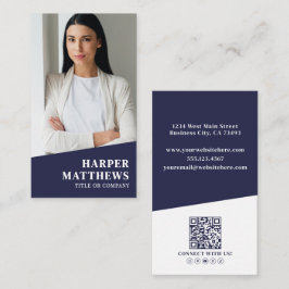 Navy Blue Photo QR Code Vertical Visitkort