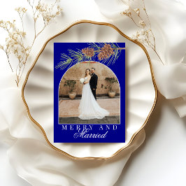 Navy Blue Pine Merry & Married Photo Christmas Julkort