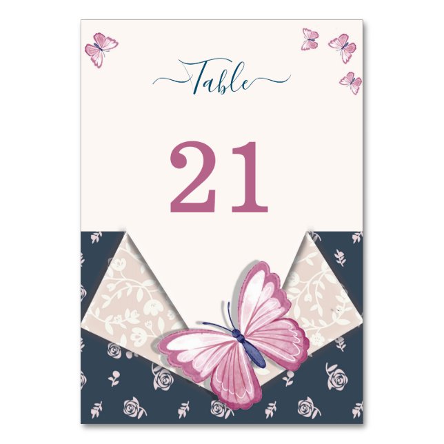 navy blue pink butterflies floral bordsnummer (Framsidan)