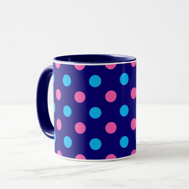 Navy Blue Pink Cyan Polka Dot Pattern Mugg (Framsida vänster)