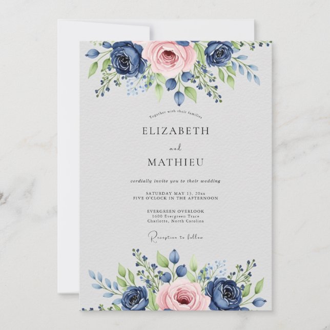 Navy Blue Pink Lavish Botanical Wedding Inbjudningar (Framsida)