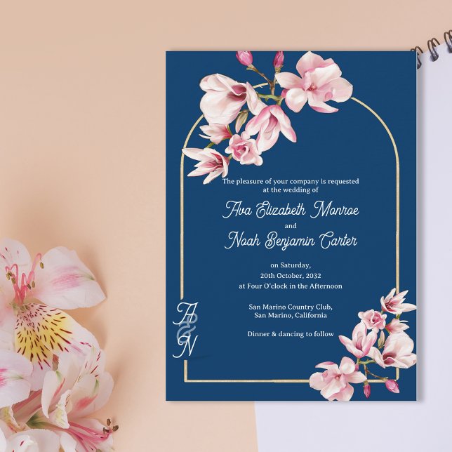 Navy Blue Pink Magnolia Elegant Floral Wedding Inbjudningar (Navy Blue Pink Magnolia Elegant Floral Wedding Invitation)