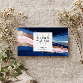 Navy Blue Pink Rose Gold Monogram Business Cards Visitkort