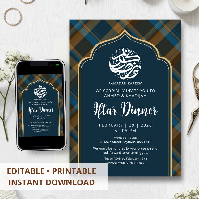 Navy Blue Plaid Frame Ramadan Iftar Invitation Inbjudningar (Skapare uppladdad)
