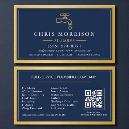 Navy Blue Plumber Contractor QR Code Gold Metallic Visitkort
