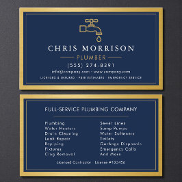 Navy Blue Plumber Plumbing Company Gold Metallic Visitkort