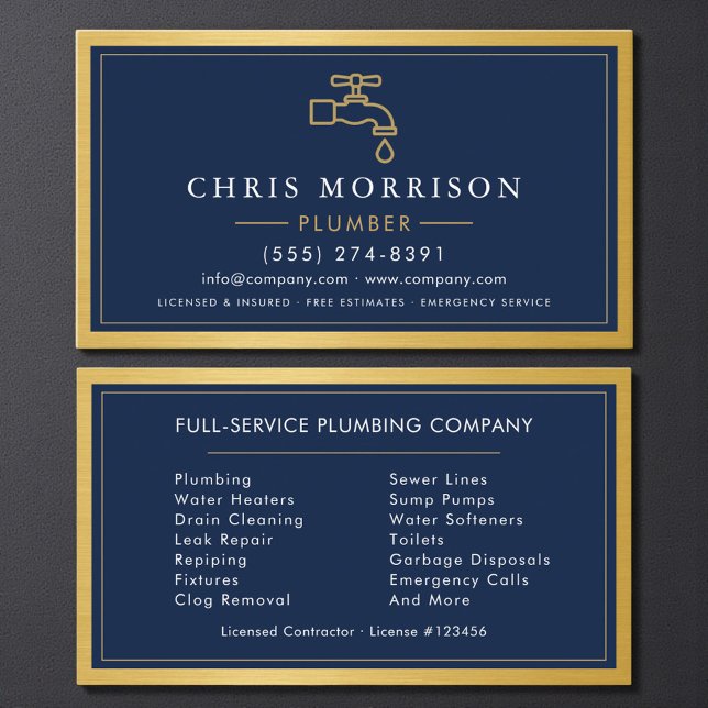 Navy Blue Plumber Plumbing Company Gold Metallic Visitkort (Skapare uppladdad)
