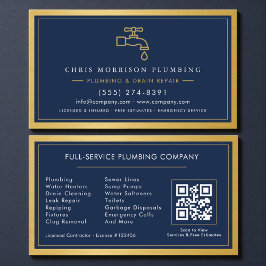 Navy Blue Plumbing Company QR Code Gold Metallic Visitkort