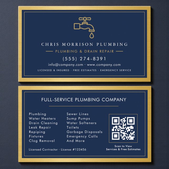Navy Blue Plumbing Company QR Code Gold Metallic Visitkort (Skapare uppladdad)