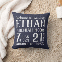 Navy Blue Pojke Nursery Birth Stats Pillow