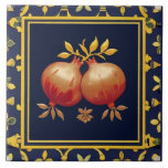 Navy Blue Pomegranates Mediterranean Pomegranate Kakelplatta<br><div class="desc">pomegranate farm ceramic tile, mediterranean yellow pink red fruit, traditional persian jewish pomegranates, italian farmhouse home food, decorative folk rustic israeli kitchen, dark navy blue vintage art,  "matte golden gold border",  "botanical leafy leaves",  "arty border perimeter frame",  "classic israel iranian iran symbol"</div>