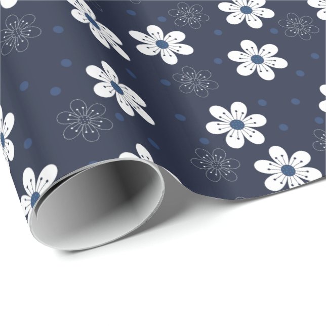 Navy Blue Pretty Floral Pattern Presentpapper (Rullad Hörn)