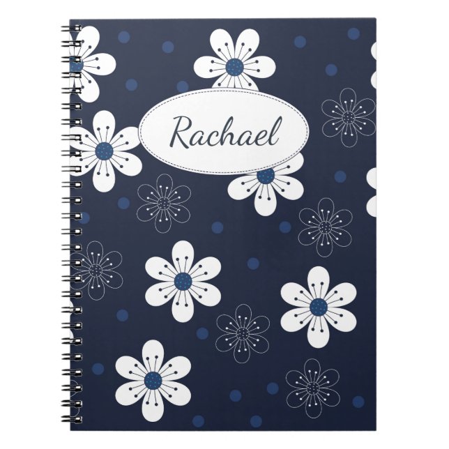 Navy Blue Pretty Floral Personalised Anteckningsbok (Framsidan)