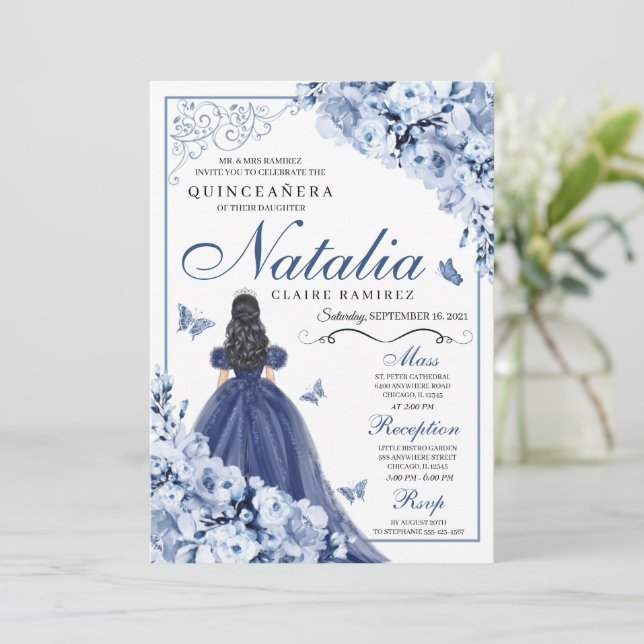 Navy Blue Princess & Butterflies Tiara Quinceañera Inbjudningar (Stående Fram)