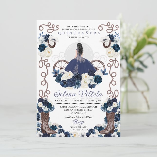 Navy Blue Princess Dress & Boots Quinceañera Inbjudningar (Stående Fram)