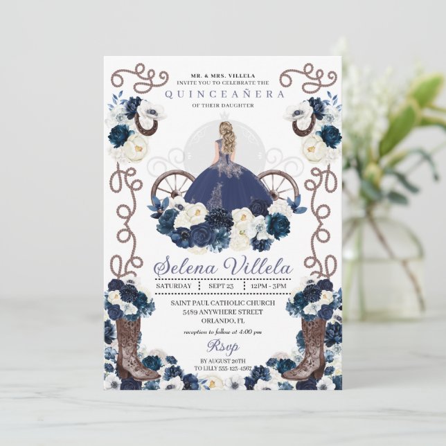 Navy Blue Princess Dress & Boots Quinceañera Inbjudningar (Stående Fram)