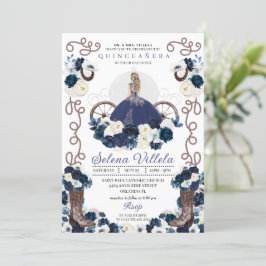 Navy Blue Princess Dress & Boots Quinceañera Inbjudningar