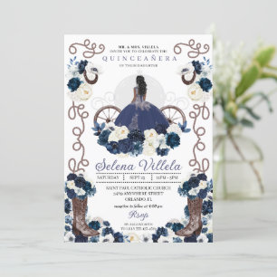 Navy Blue Princess Dress & Boots Quinceañera Inbjudningar