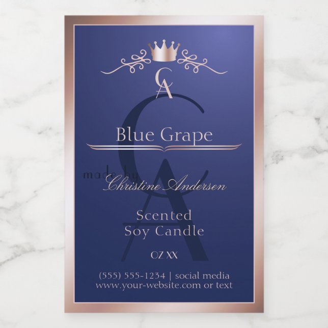 Navy Blue Product Label Rose Gold Frame Monogram Mat Etikett (Singel etikett)