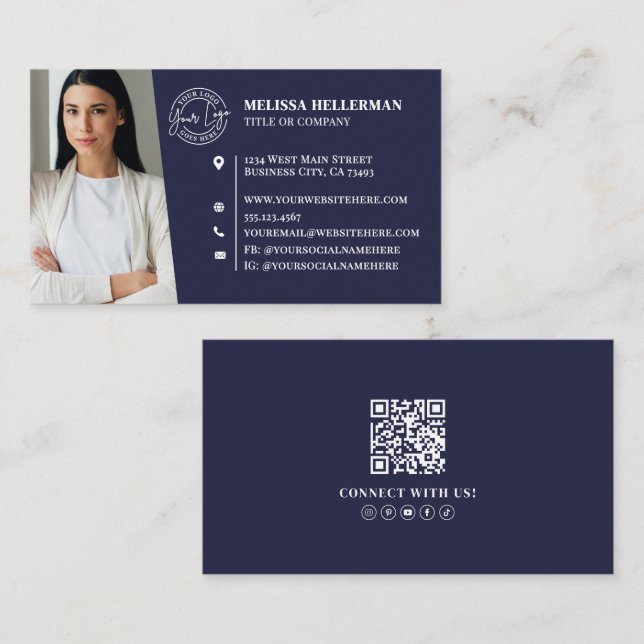 Navy Blue Professional QR Code Photo Logo Visitkort (Fram/baksida)