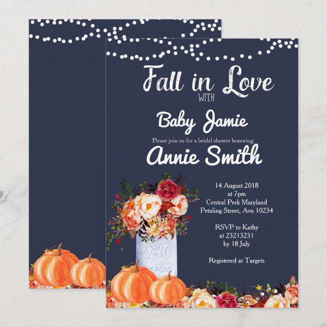 Navy Blue Pumpkin-babyduschinbjudan Inbjudningar (Fram/baksida)