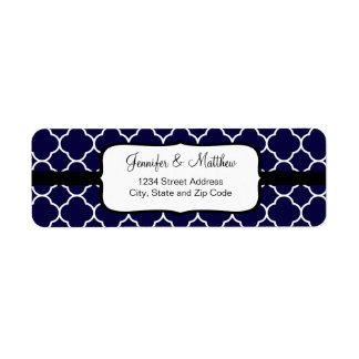 Navy Blue Quatrefoil Mönster Returadress Etikett