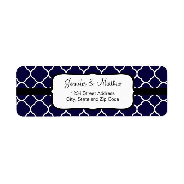 Navy Blue Quatrefoil Mönster Returadress Etikett (Framsidan)