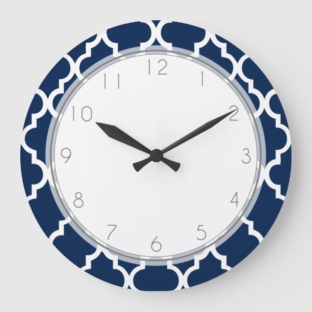 Navy Blue Quatrefoil Mönster Stor Klocka (Framsida)