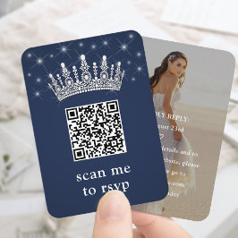 Navy Blue Quinceañera Crown & Stars QR RSVP Photo Tilläggskort