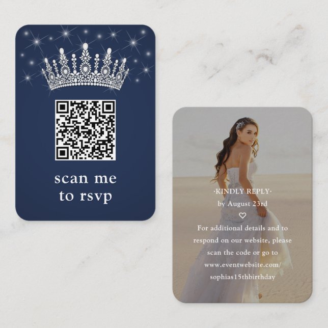 Navy Blue Quinceañera Crown & Stars QR RSVP Photo Tilläggskort (Fram/baksida)