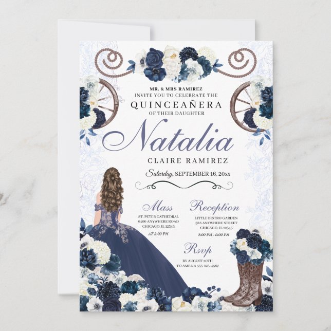 Navy Blue Ranchero Princess Dress Quinceanera Inbjudningar (Framsida)