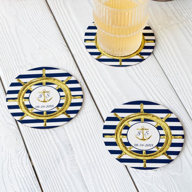 Navy Blue Rand och Guld Nautical Bröllop Underlägg Papper Rund (Skapare uppladdad)