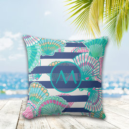 Navy Blue Rand Seashell Monogram Kudde