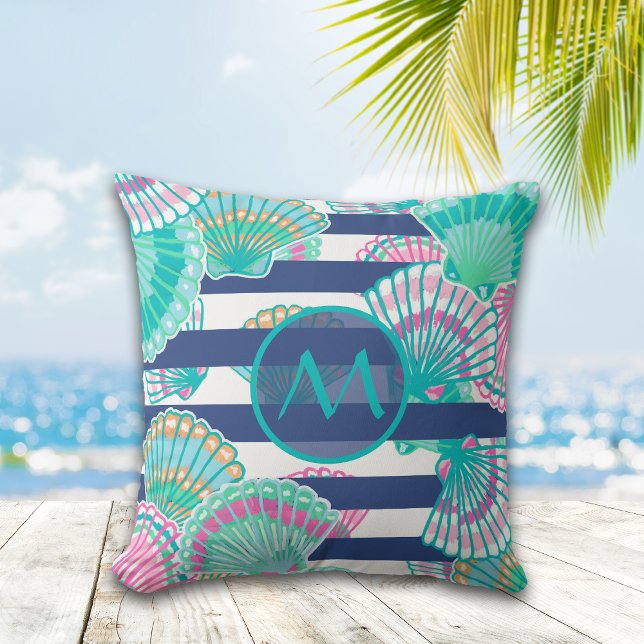 Navy Blue Rand Seashell Monogram Kudde (Skapare uppladdad)
