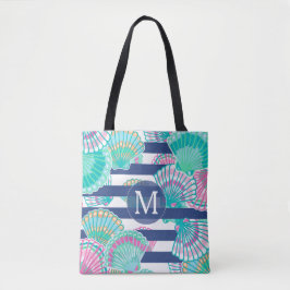 Navy Blue Rand Seashell Monogram Tygkasse