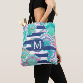 Navy Blue Rand Seashell Monogram Tygkasse