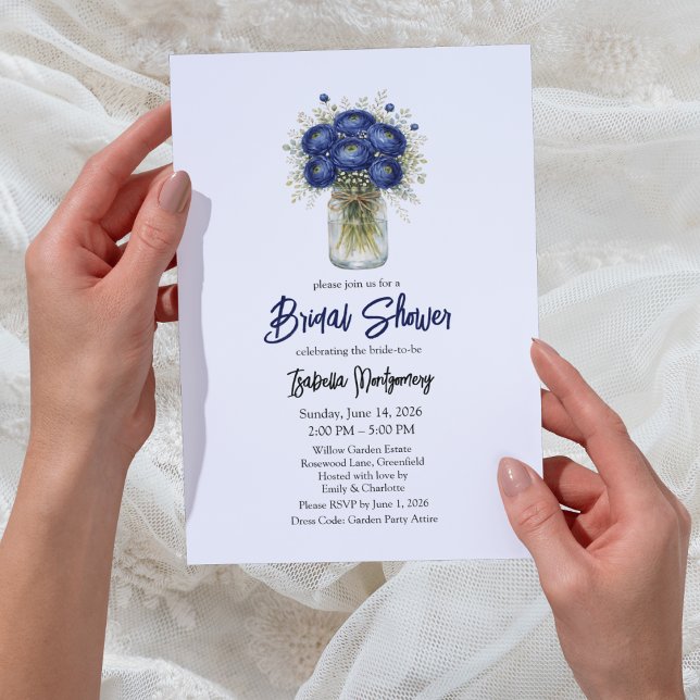 Navy Blue Ranunculus Mason Jar Bridal Shower Inbjudningar (Navy Blue Ranunculus Mason Jar Bridal Shower Invitations
)