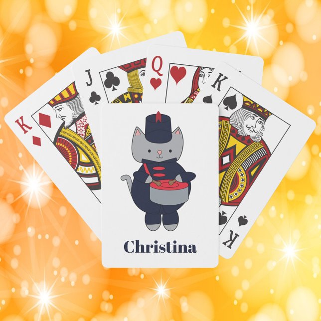 Navy Blue Red Marching Band Drum Cat Personalize Casinokort (A deck of playing cards with a cat playing the snare drum in a navy blue & red marching band uniform)