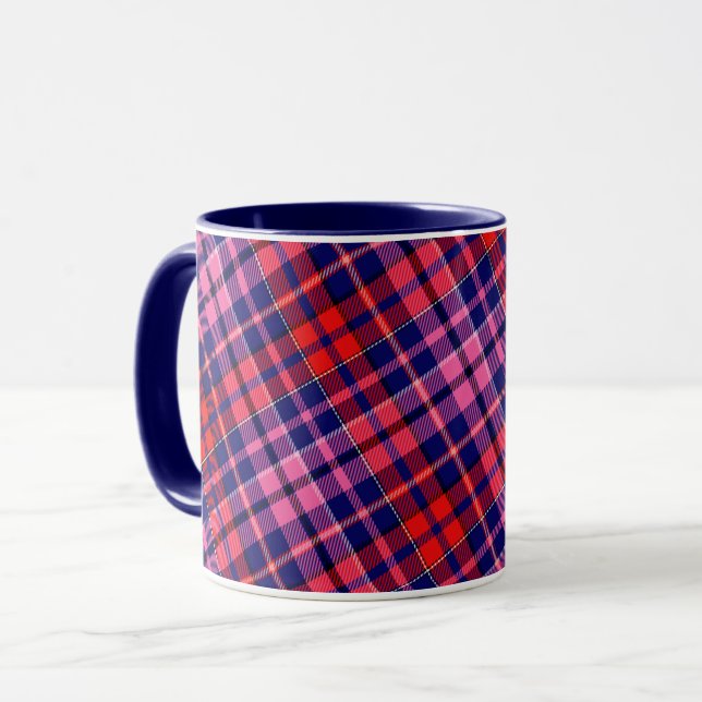 Navy Blue Red Pink Plaid Tartan Design  Mugg (Framsida vänster)