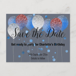 NAVY BLUE RED WHITE BALLOONS SPARAR DATUM MEDDELANDE VYKORT