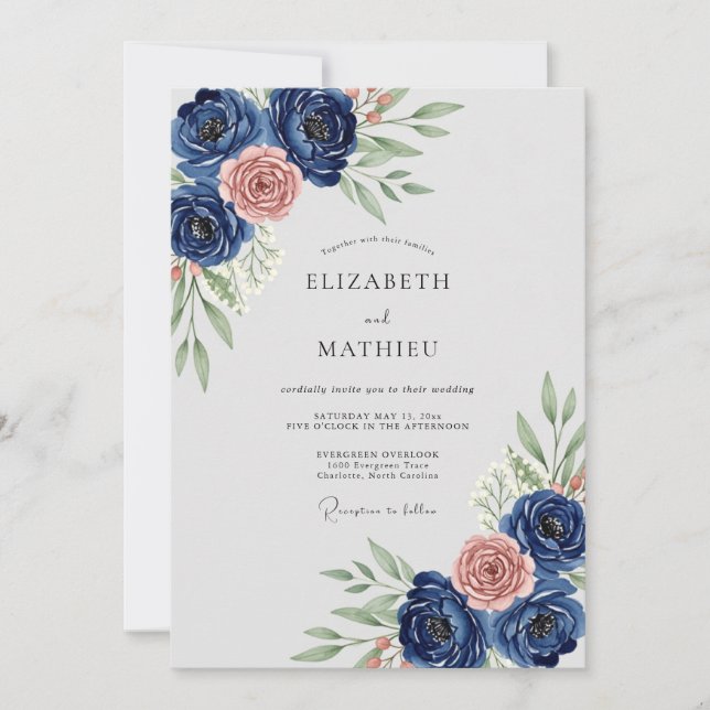 Navy Blue Refined Botanical Wedding Inbjudningar (Framsida)