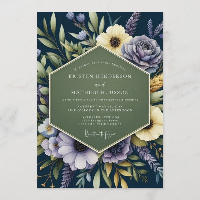 Navy Blue Regal Botanical Wedding Inbjudningar (Framsida)