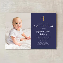 Navy Blue Religiösa Kor Boy Photo Baptism Inbjudningar