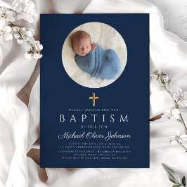 Navy Blue Religiösa Kor Boy Photo Baptism Inbjudningar