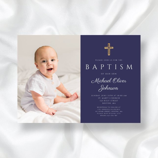 Navy Blue Religiösa Kor Boy Photo Baptism Inbjudningar (Navy Blue Religious Cross Boy Photo Baptism Invitation)